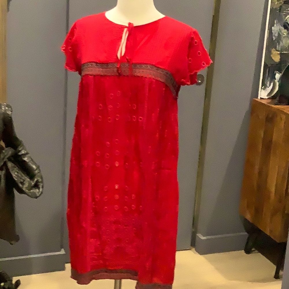 Johnny Was Red Embroidered Mini Shift Dress